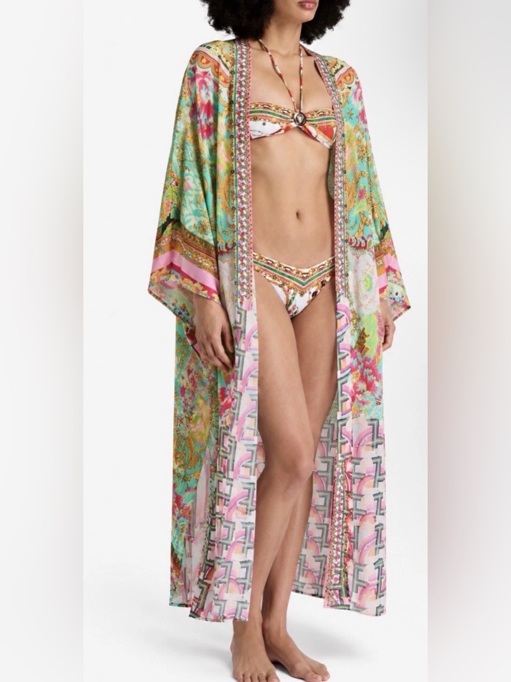 Camilla Mint, Pink and Yellow Floral Paisley Beach Kimono Coverup